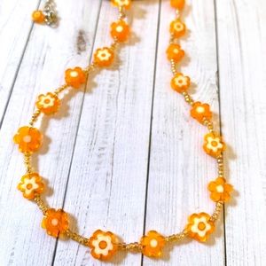 Czech Glass Orange Daisy Necklace